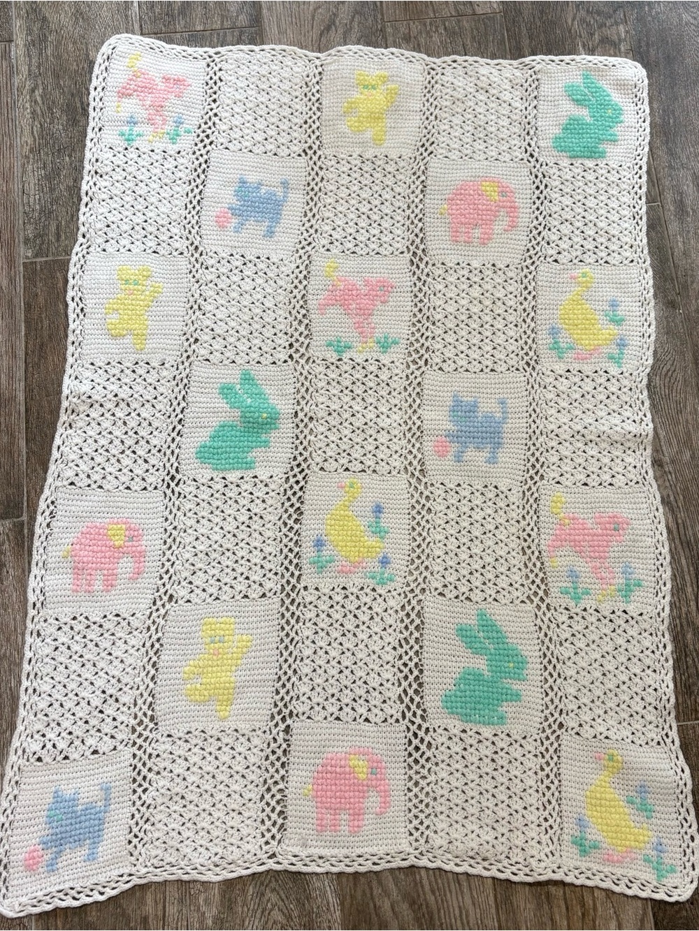 Vintage Handmade Animal Crochet Baby Blanket Cross Stitch 28x38” Unisex Pastel